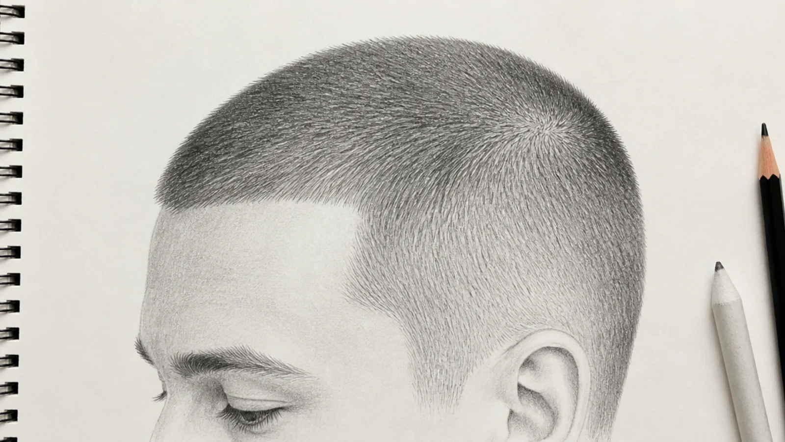 Pencil sketch of a buzz cut showing the skull form with fine even stubble texture and a hairline