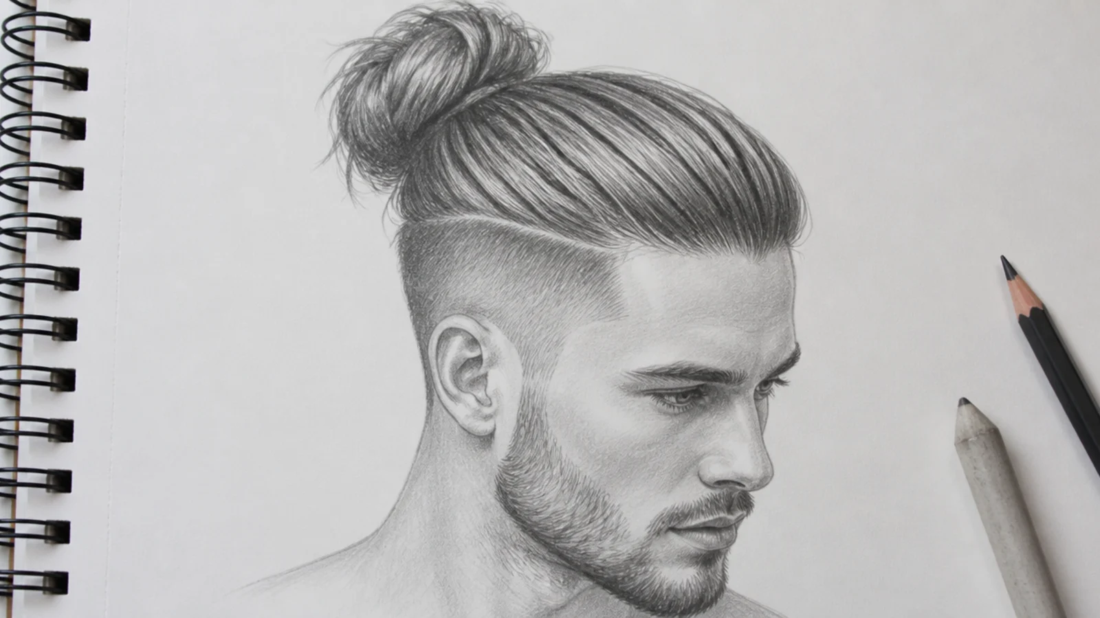 Three quarter pencil sketch of a man bun tied high with shaved undercut sides