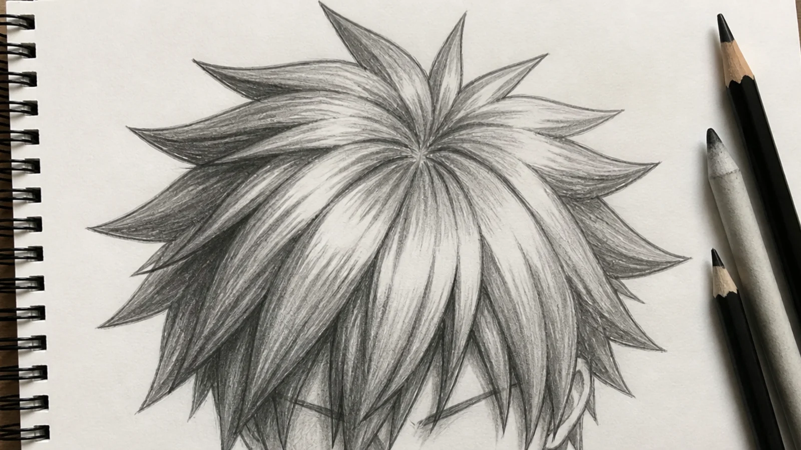 Pencil sketch of spiky anime hair drawn as grouped wedge shapes radiating from the crown