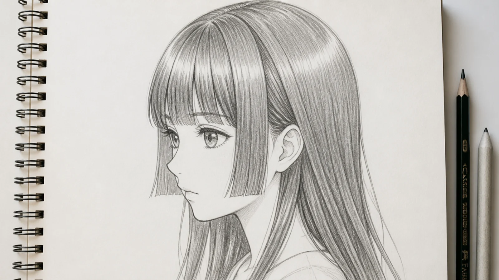 Anime style hair sketch of a hime cut with straight bangs cheek length sidelocks and long back hair