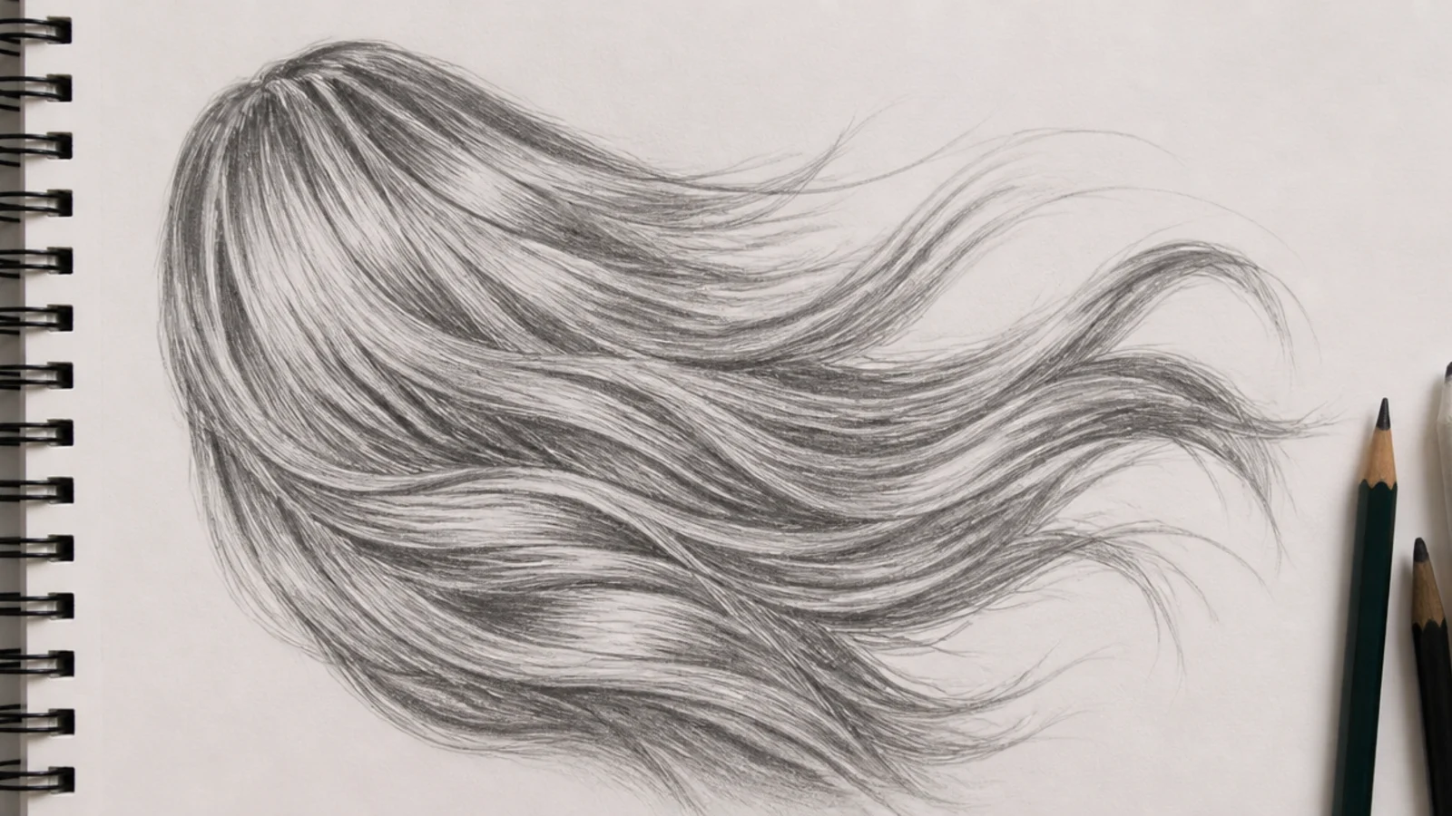 Graphite sketch of long hair blown sideways in the wind with sweeping directional flow lines