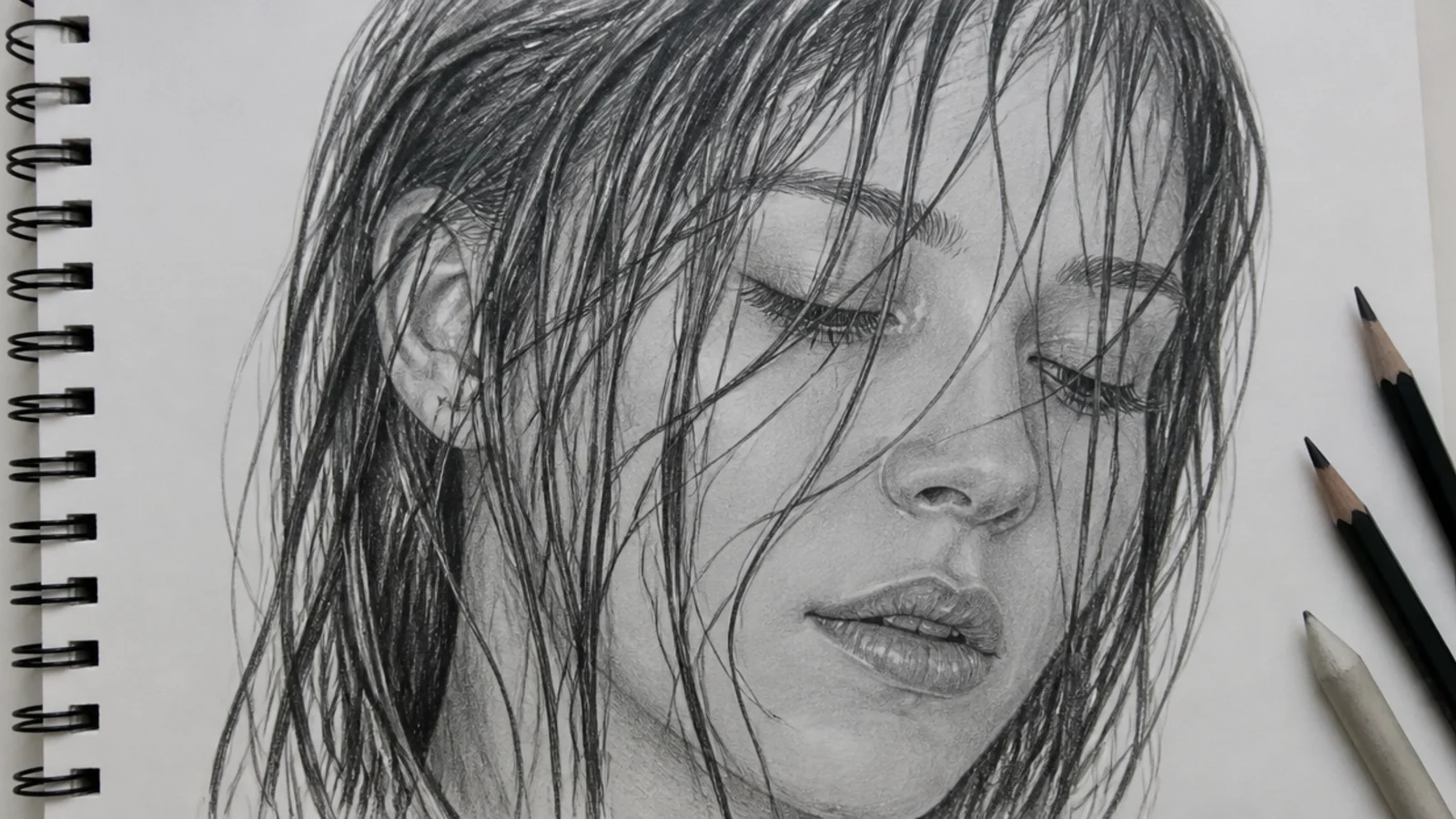 Pencil sketch of wet hair clinging to the forehead and cheeks in heavy separated clumps
