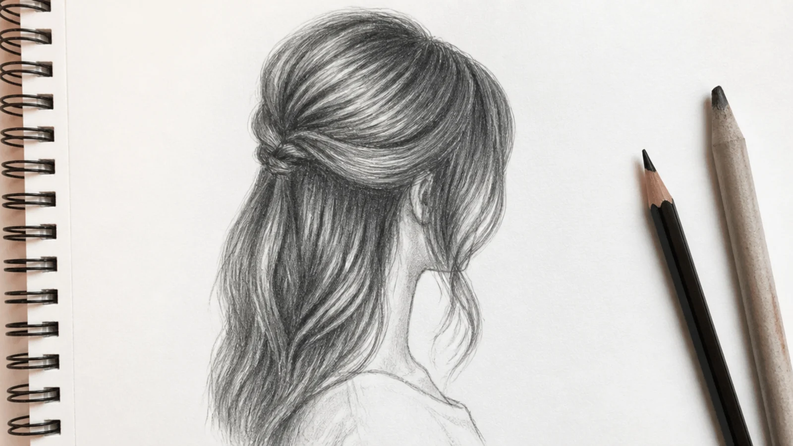 Hair sketch of a half up half down style with a small back tie and face framing layers