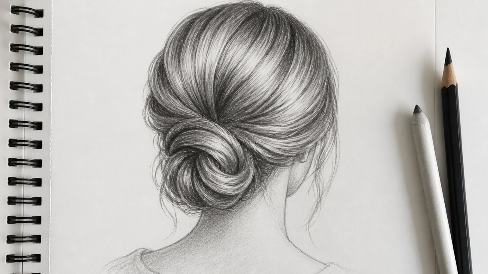 Back view pencil sketch of a low chignon updo with smooth swept sections and a coiled knot