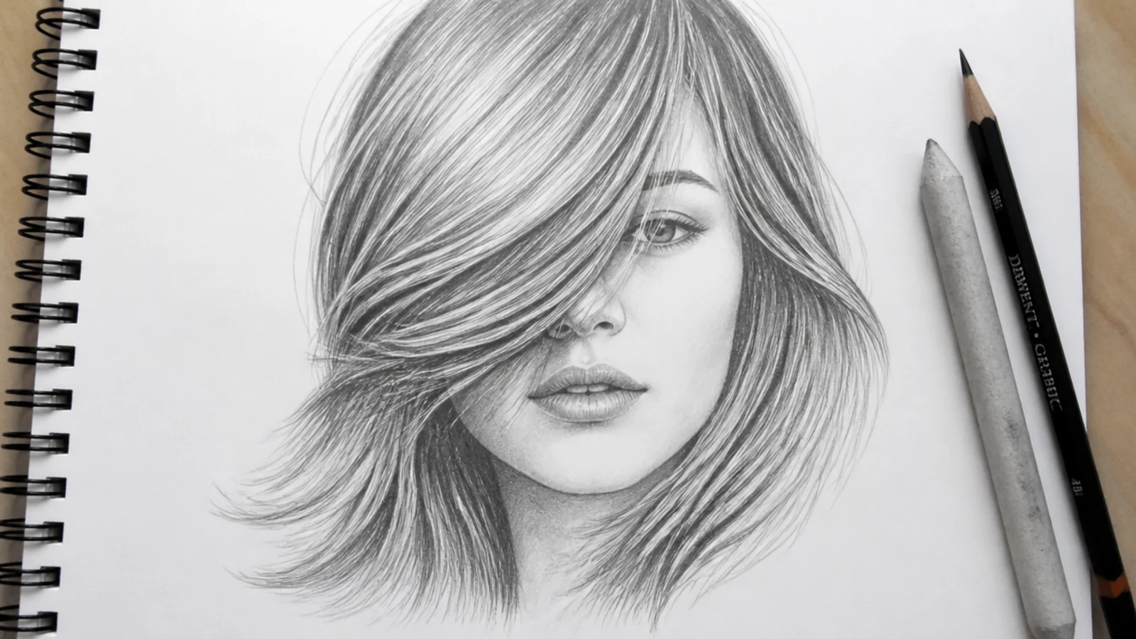 Pencil sketch of a long side fringe falling over one eye with layered sweeping strands