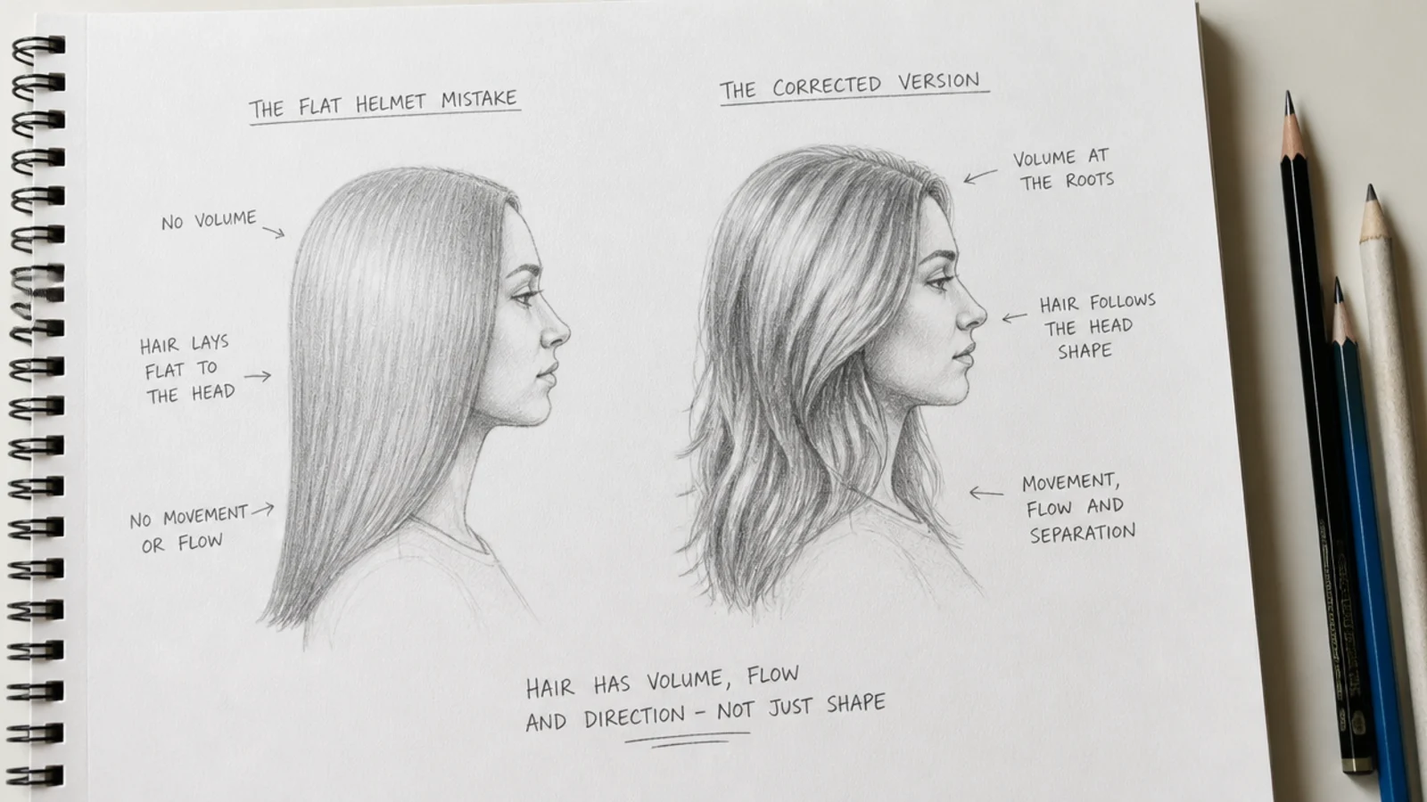 Side by side pencil hair sketches showing a flat helmet mistake next to a corrected version