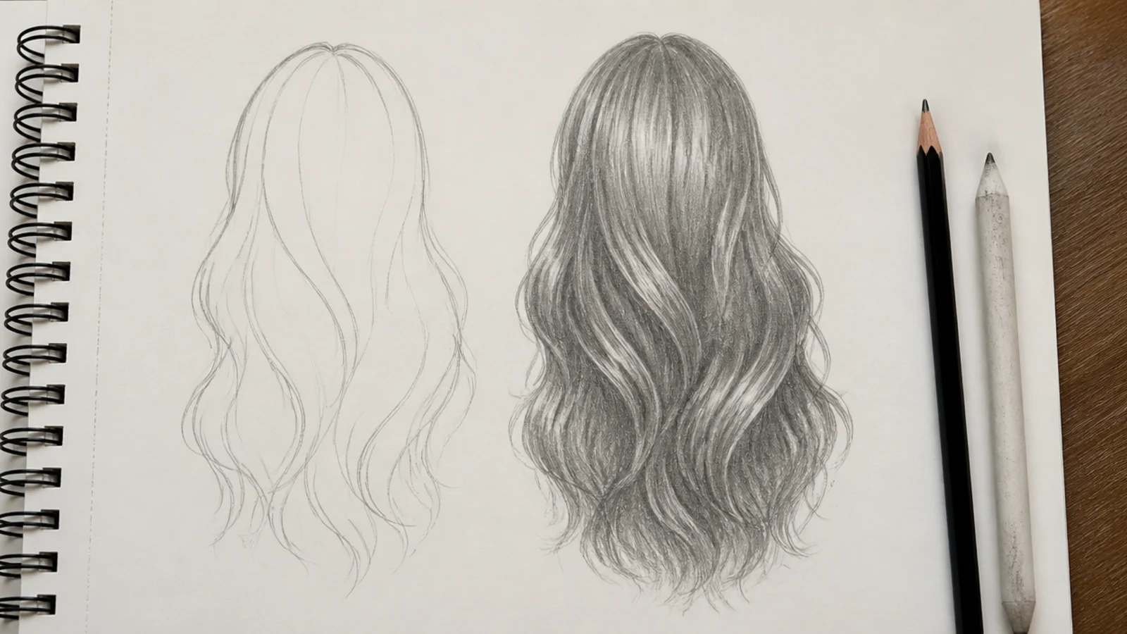 Graphite hair sketch on white paper showing long wavy hair blocked as a silhouette then shaded