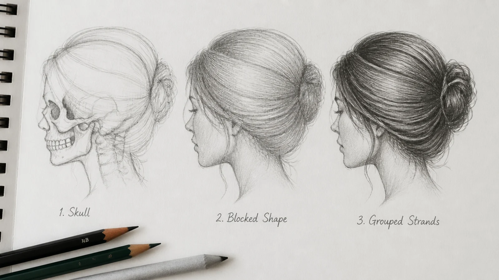 Three stage pencil hair sketch showing skull, blocked hair silhouette, then grouped strands