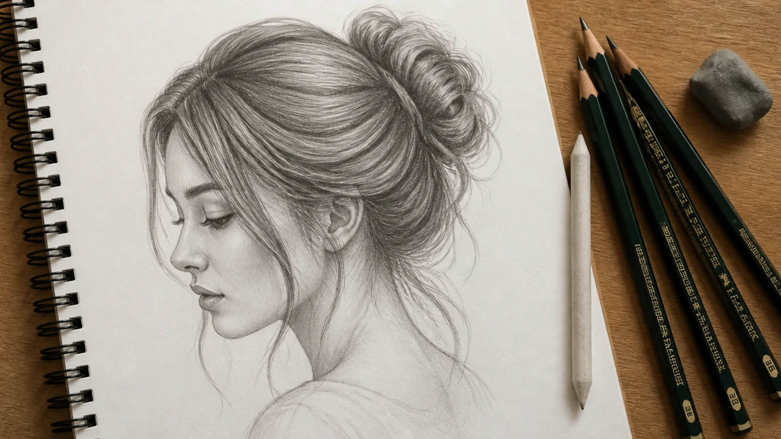 Flat lay of graphite pencils, kneaded eraser, blending stump and sketch paper for hair drawing