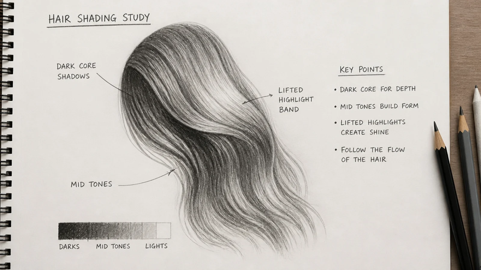 Pencil hair shading study showing dark core shadows, mid tones and a lifted highlight band