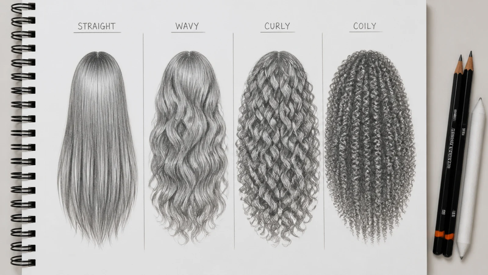 Four panel pencil sketch comparing straight, wavy, curly and coily hair textures side by side