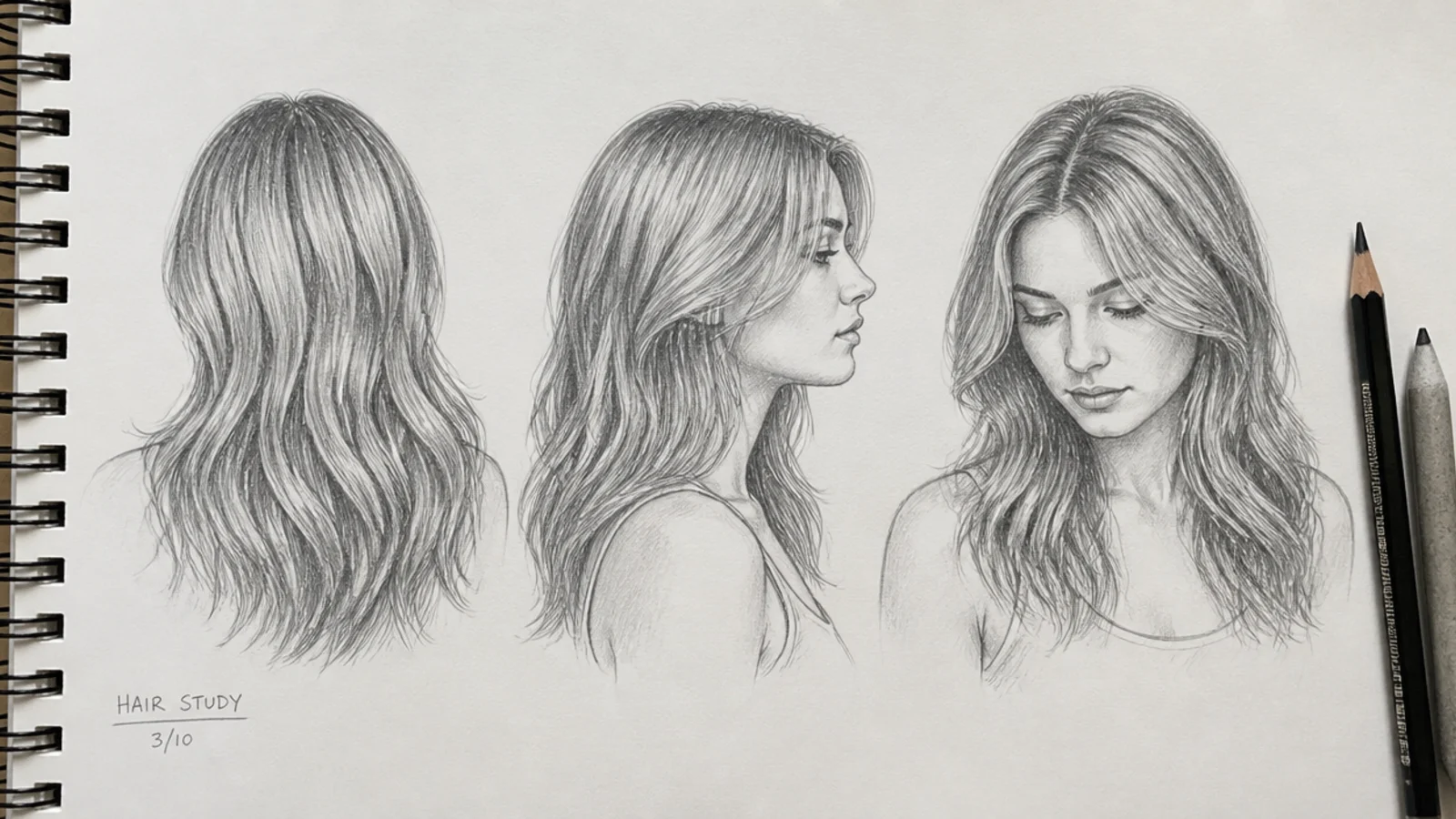 Sketchbook page of quick pencil hair studies drawn from reference at three different angles