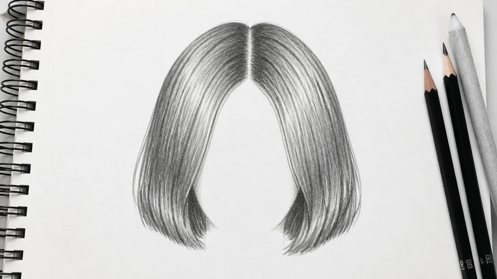 Pencil sketch of a blunt chin length bob drawn front view as a single graphite silhouette on paper