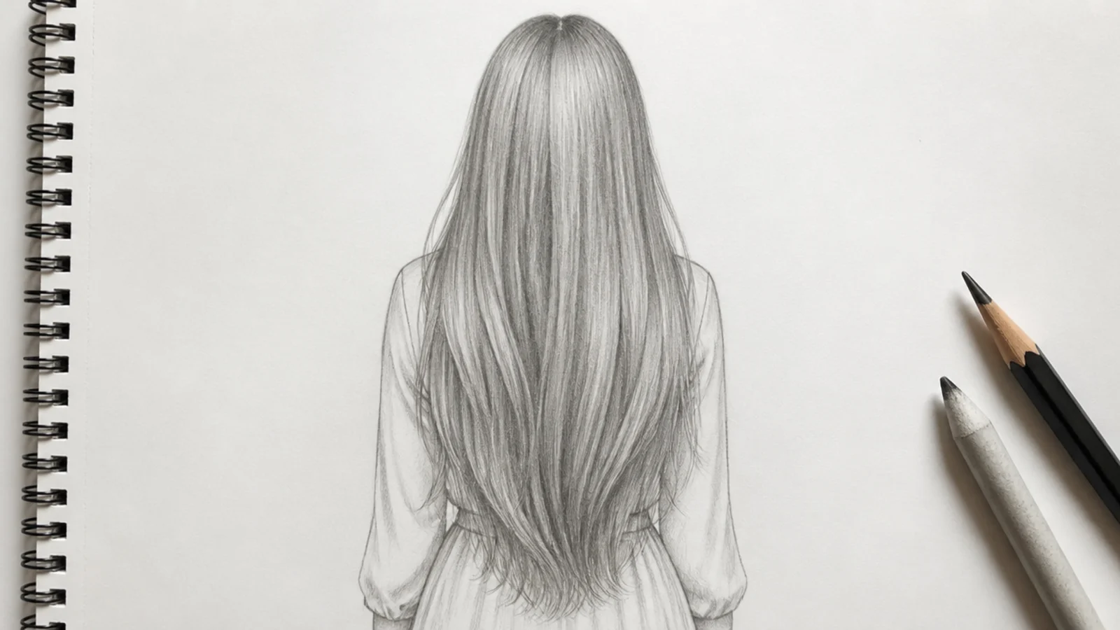 Graphite sketch of long straight center parted hair falling to the waist drawn with grouped strand lines