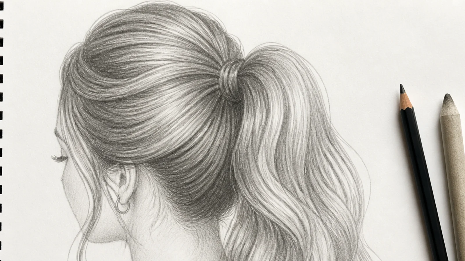 Pencil sketch of a high ponytail showing the crown volume bump and gathered lines at the elastic