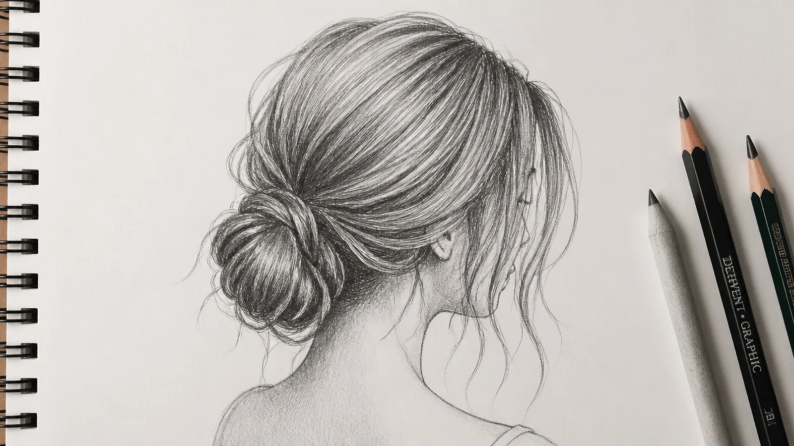 Graphite sketch of a low messy bun at the nape with loose face framing strands falling forward