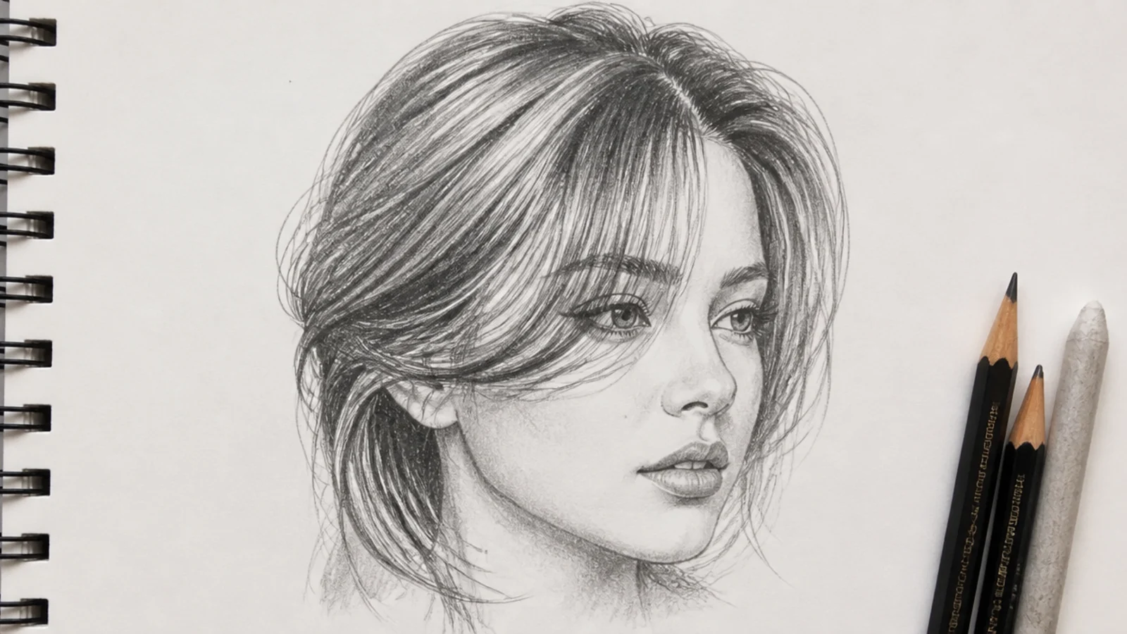 Pencil sketch of side swept curtain bangs on a three quarter view head with a soft irregular hairline