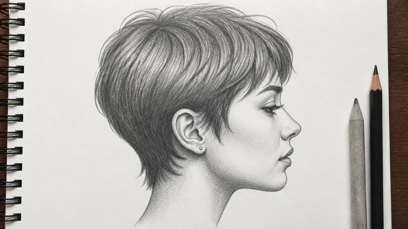 Graphite side view sketch of a short pixie cut with tapered nape and short flicked ends