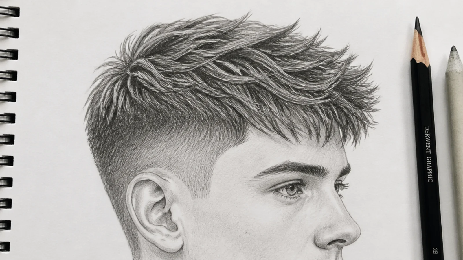 Pencil sketch of a boys textured crop hairstyle with spiky forward pushed ends and short sides