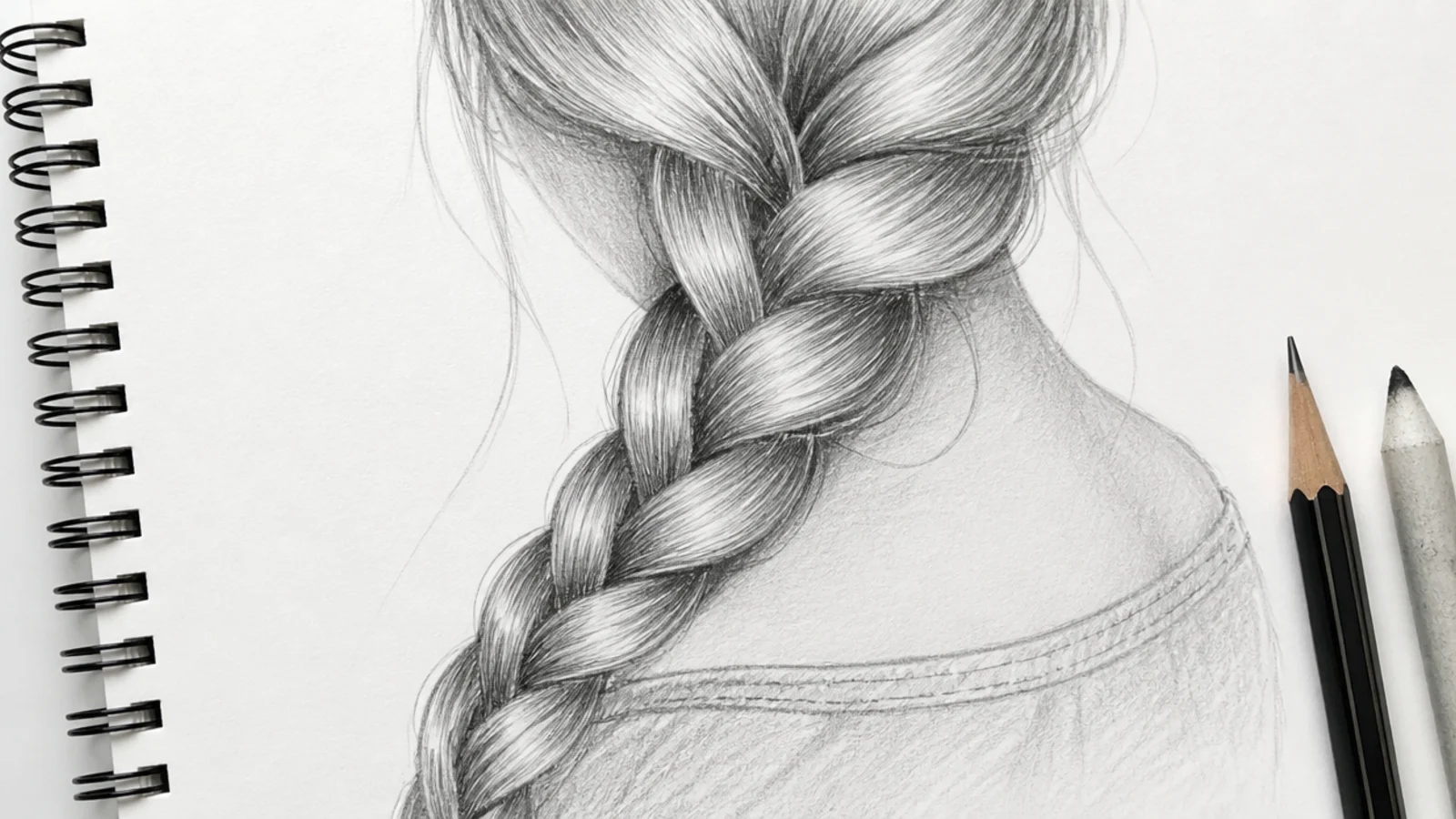 Graphite sketch of a single three strand braid falling over the shoulder with alternating chevron segments