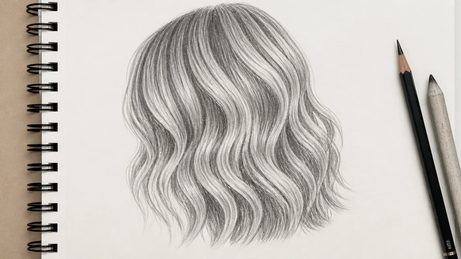 Pencil sketch of loose shoulder length beach waves drawn as soft S curves with alternating shadow