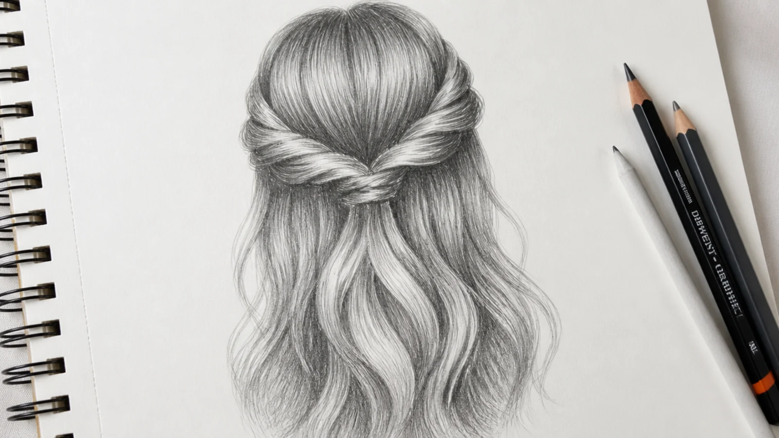 Graphite sketch of half up half down hair with two twisted sections meeting at the back of the crown