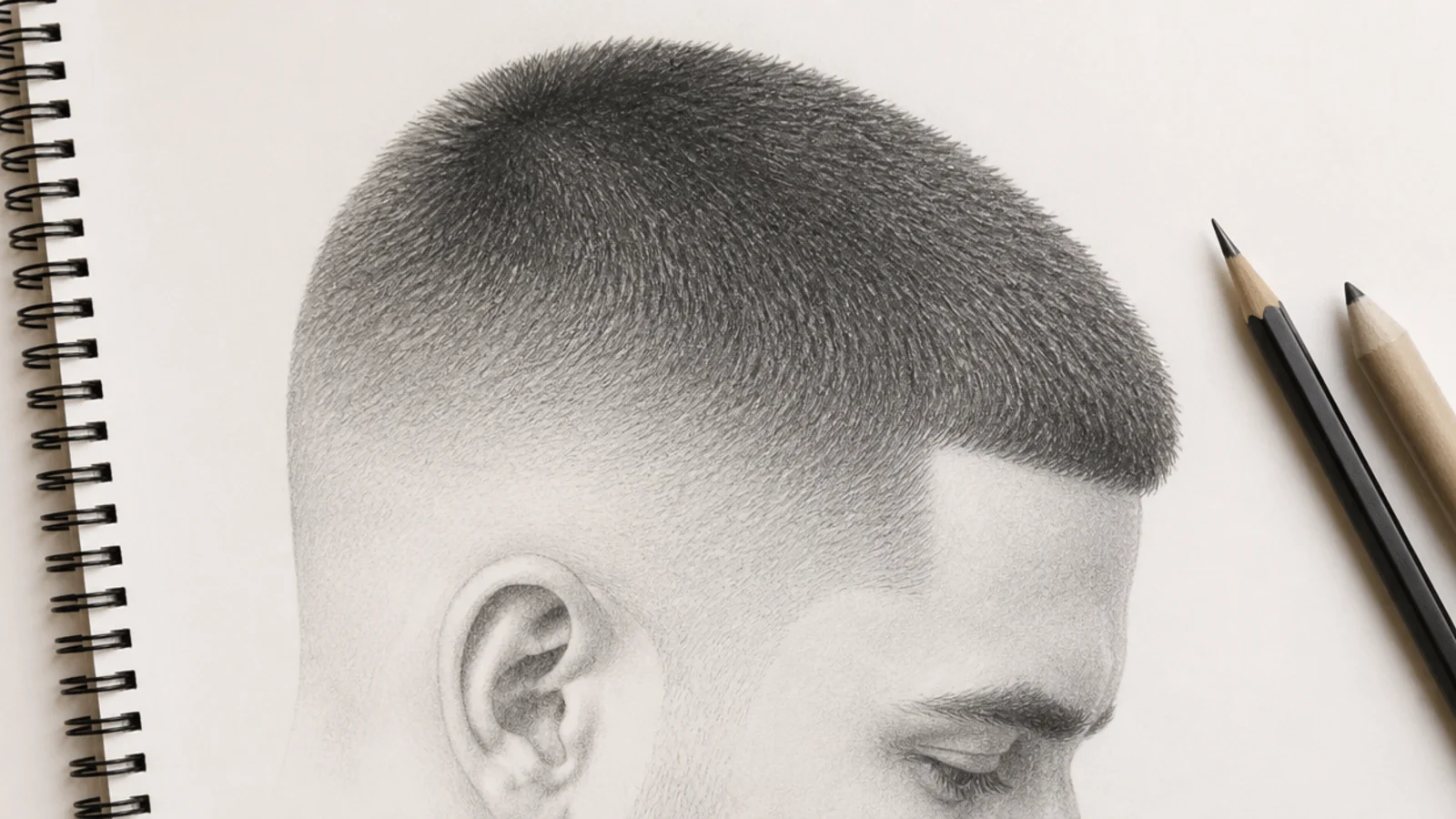 Pencil sketch of a buzz cut with faded sides drawn as soft graphite value with no outlines