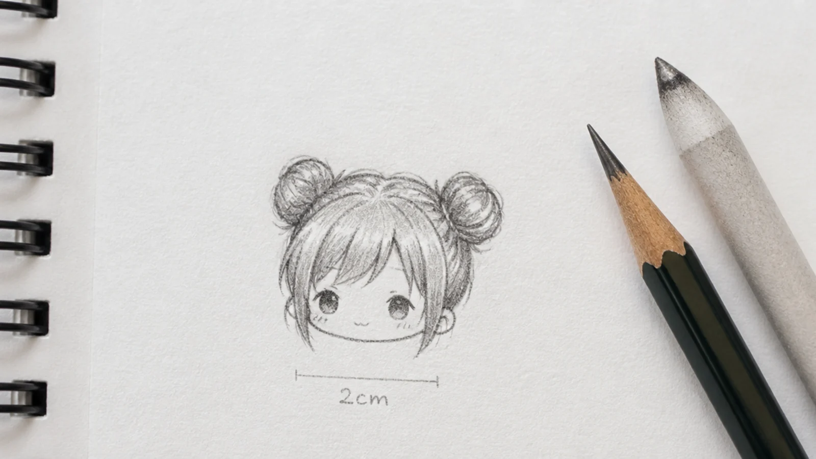 Small scale pencil sketch of space buns on a chibi head about 2cm tall showing simplified hair shapes