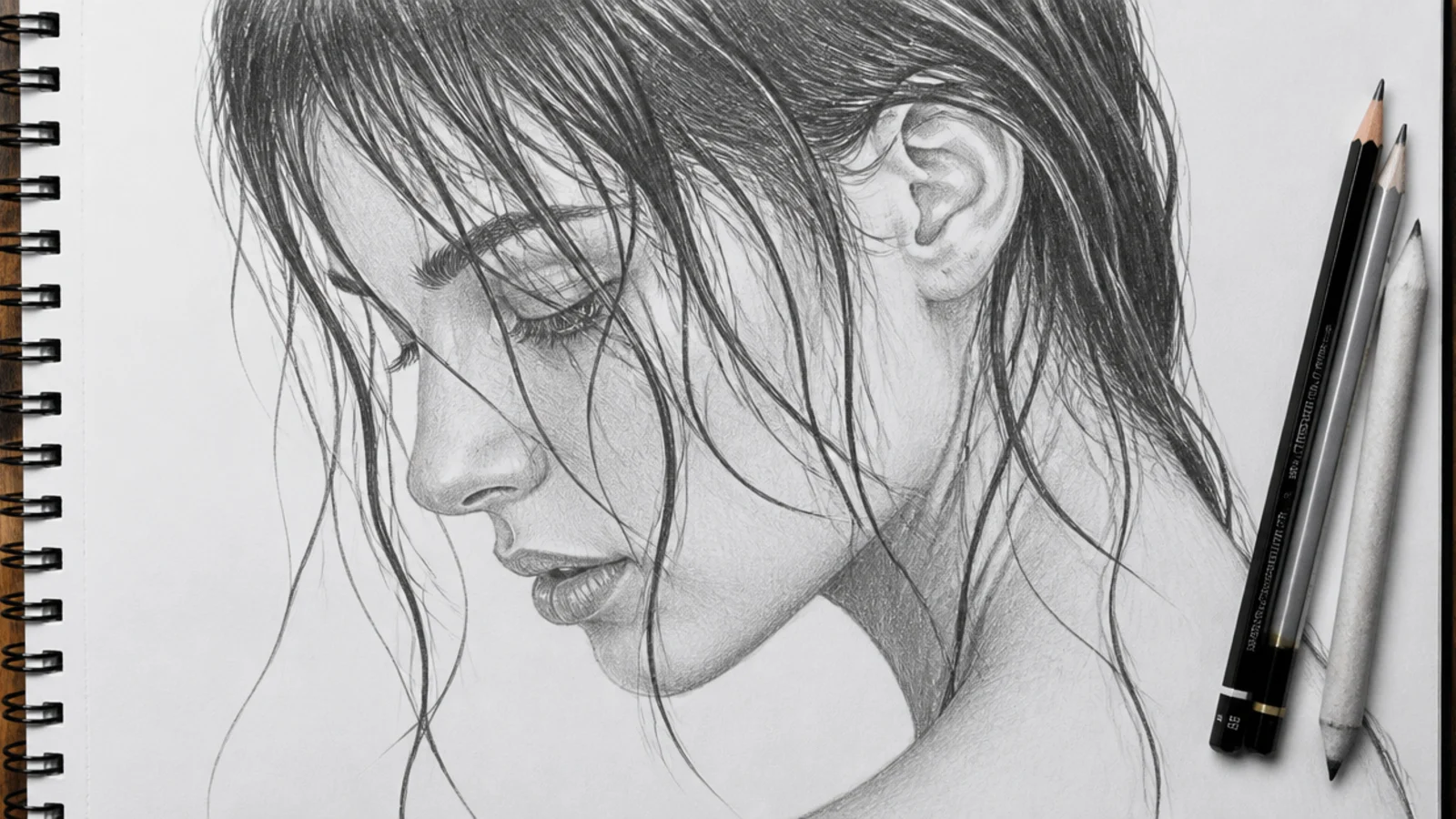Graphite sketch of wet hair clinging to the forehead and neck with hard white highlights and dark cores