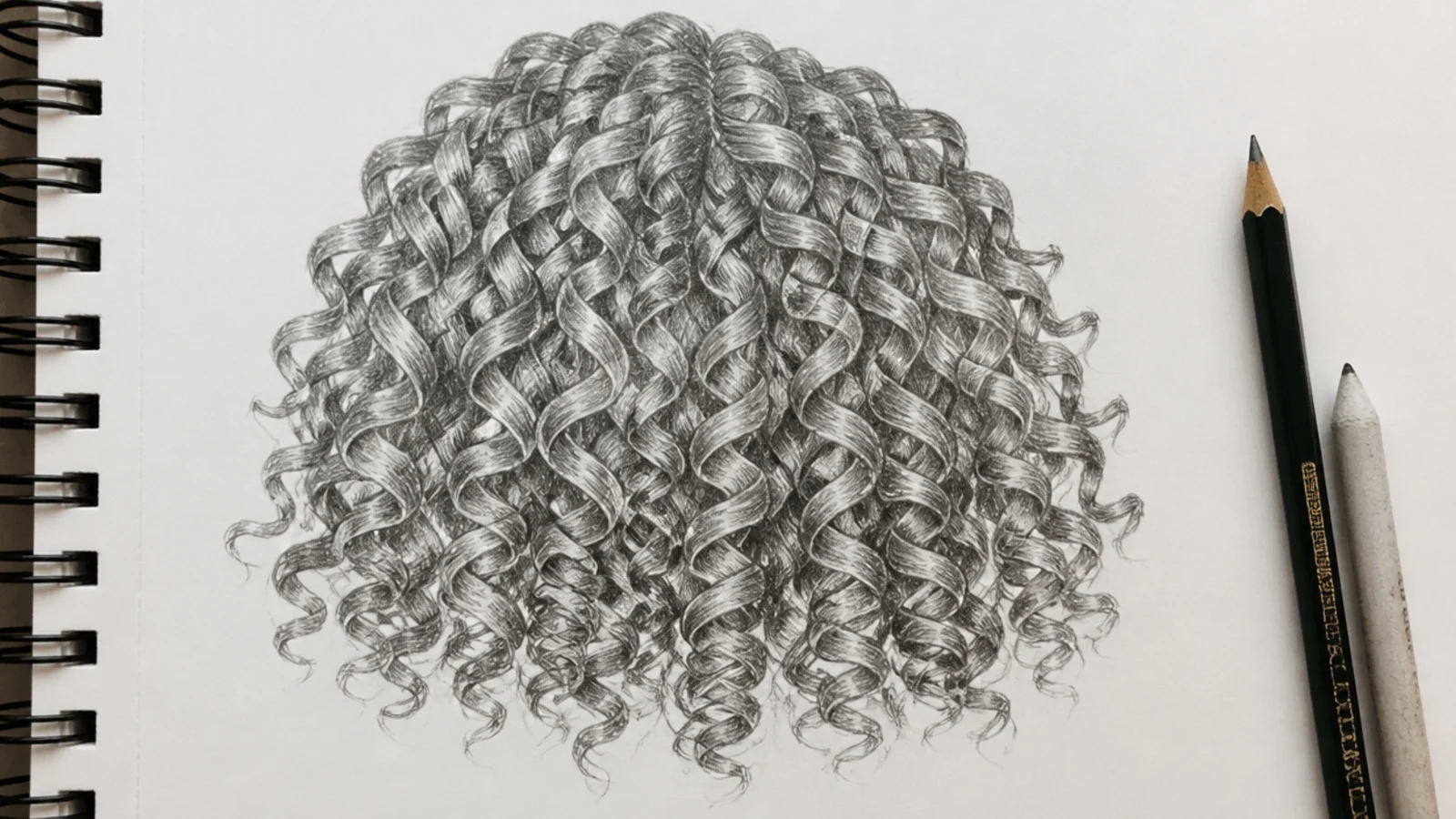 Pencil sketch of shoulder length type 3B spiral curls drawn as ribbons with light and shadow on opposite sides