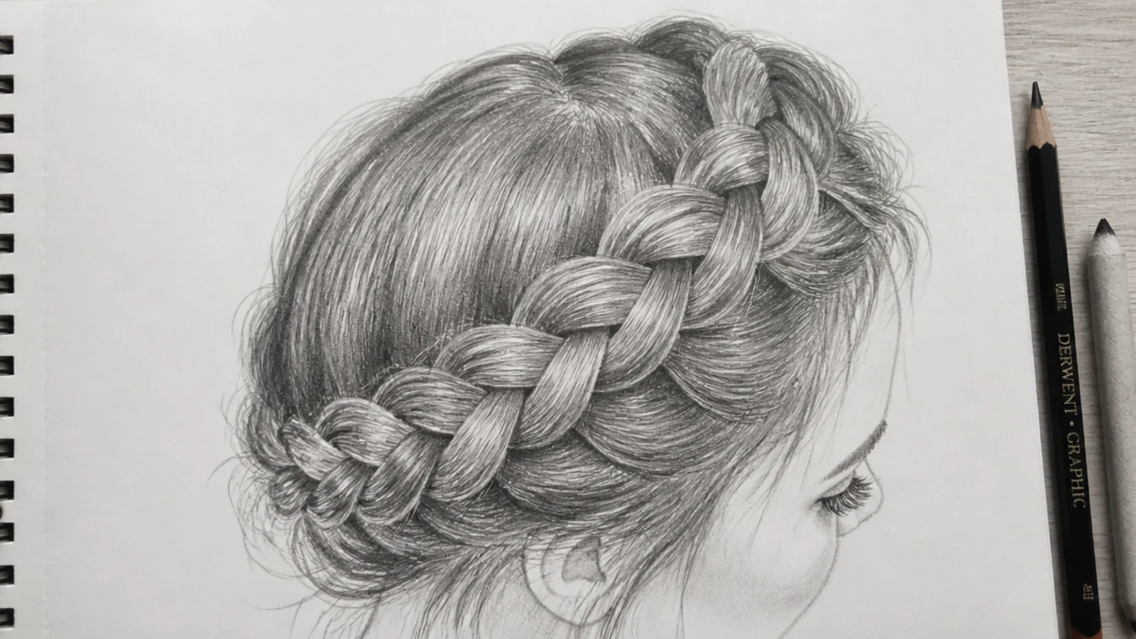 Graphite sketch of a dutch crown braid wrapping around the head showing braid segments in perspective