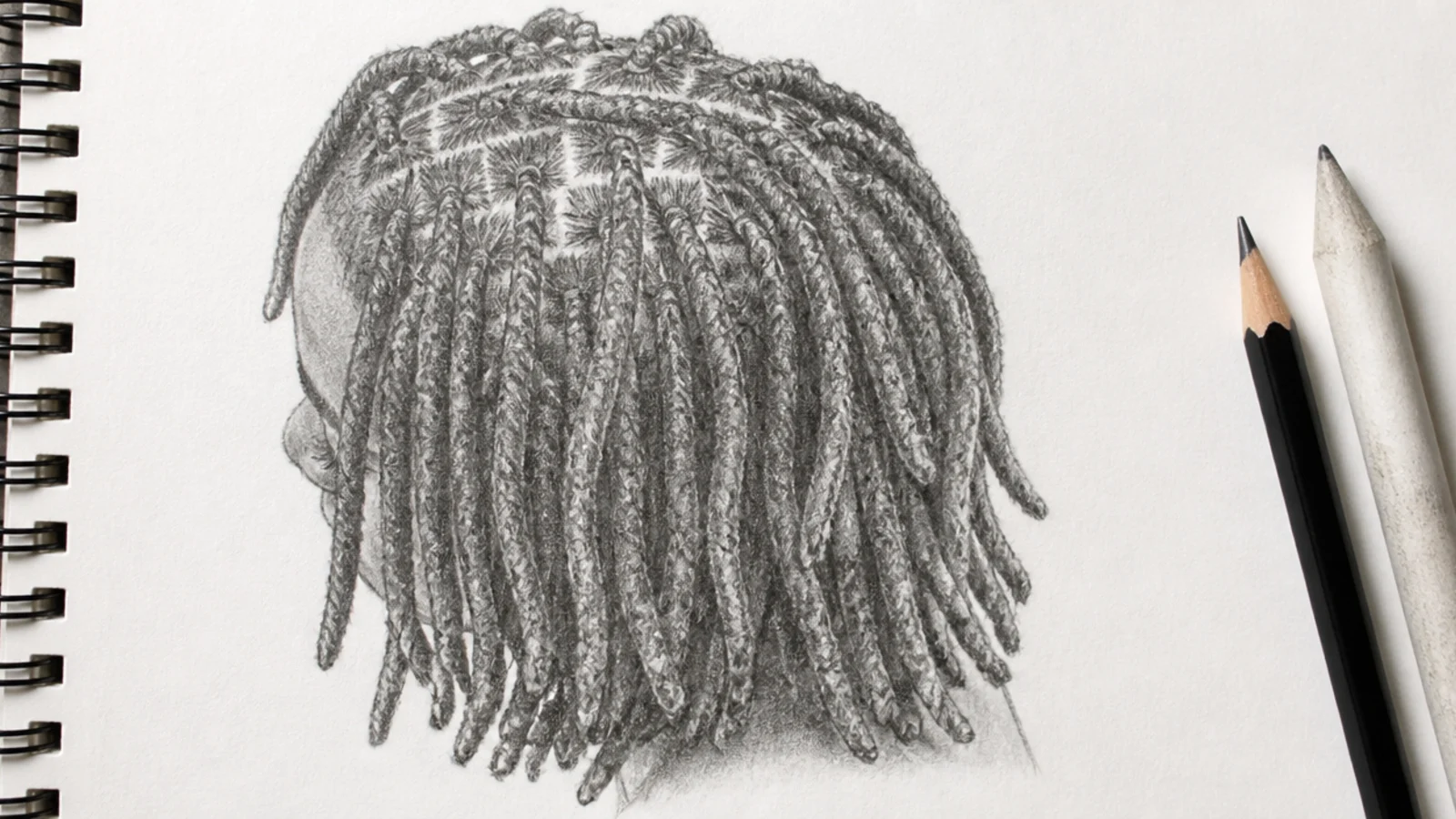 Pencil sketch of shoulder length locs with visible parted roots and cylindrical rope like texture