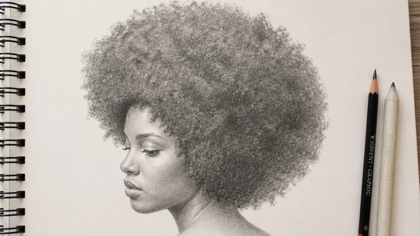 Graphite sketch of a 4C coily afro in three quarter view drawn as a soft edged sphere of value