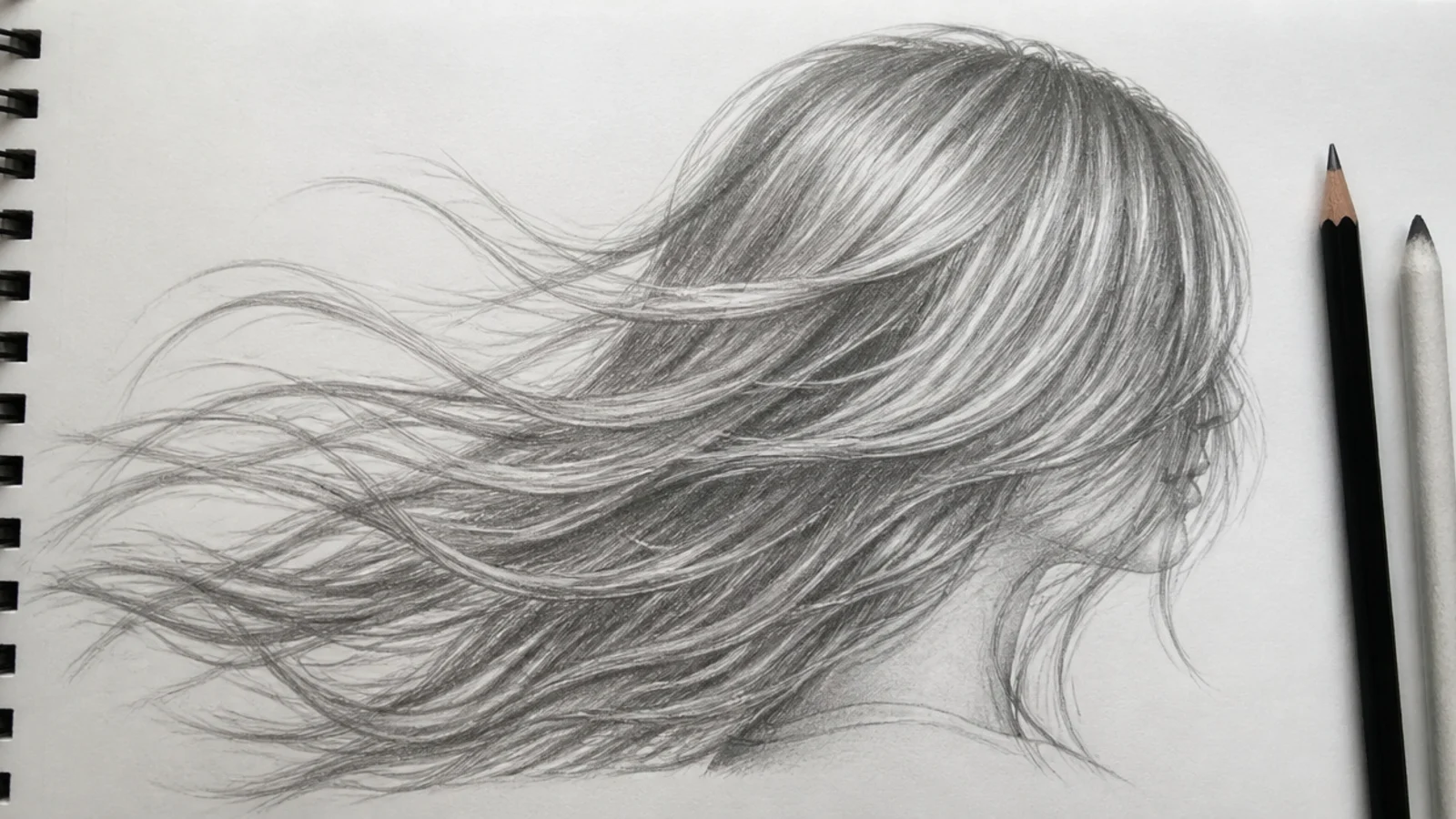 Pencil sketch of long hair in motion during a head turn with strands trailing behind the movement
