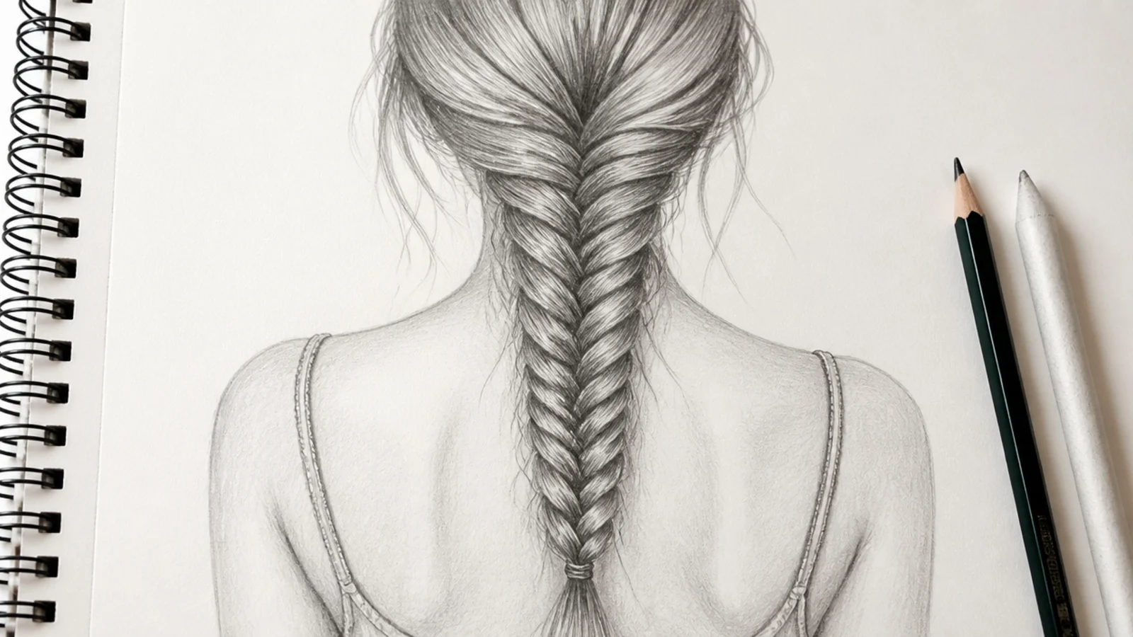 Graphite back view sketch of a fishtail braid running down the spine with fine interlocking segments