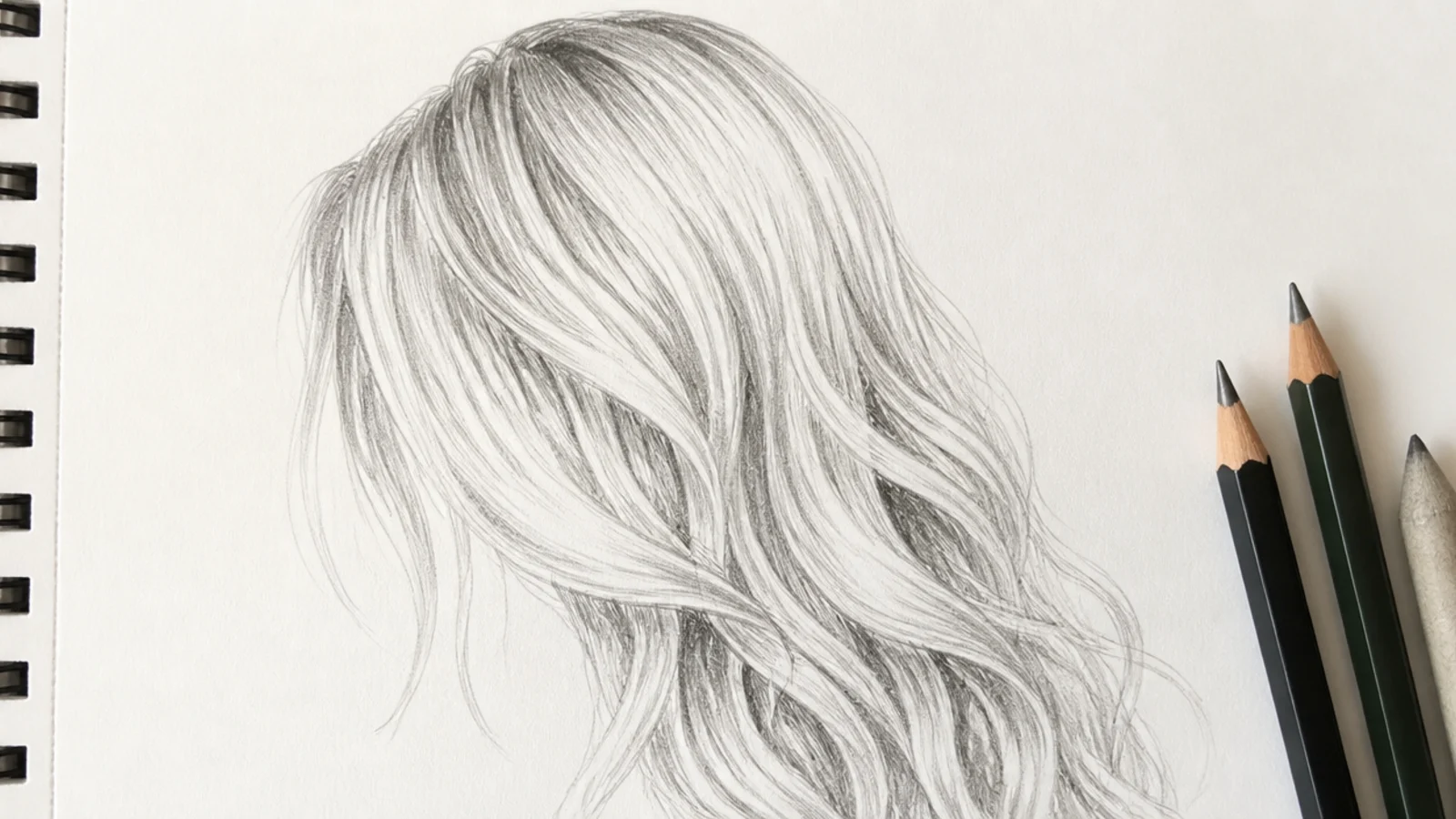 Pencil sketch of blonde hair under strong side light using pale graphite values and large white areas