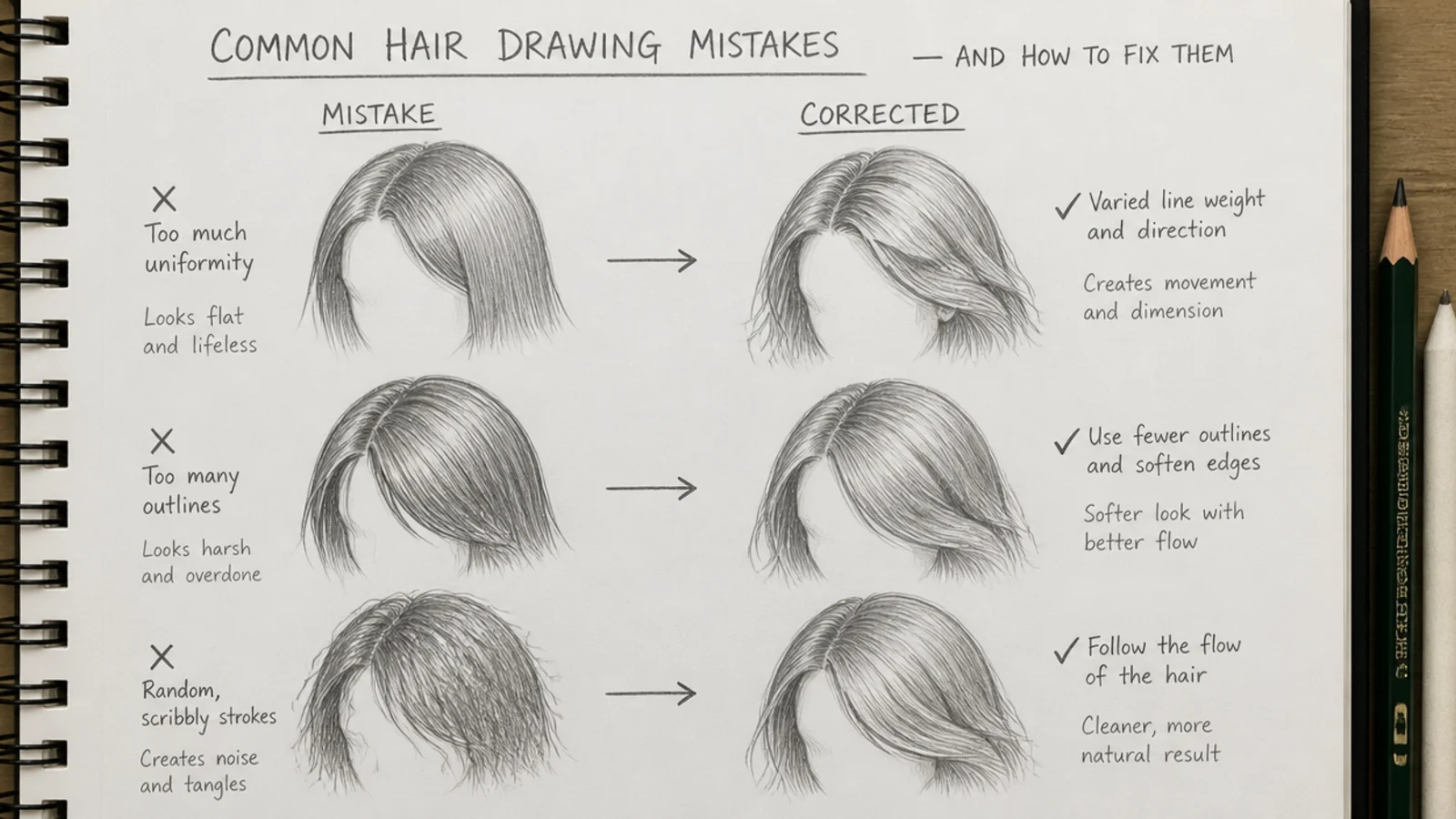 Pencil sketch comparison showing common hair drawing mistakes beside corrected versions on paper