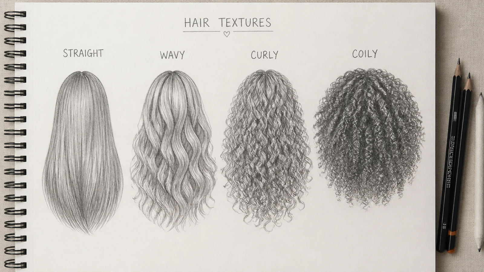 Four pencil hair sketches side by side comparing straight, wavy, curly and coily hair texture treatment