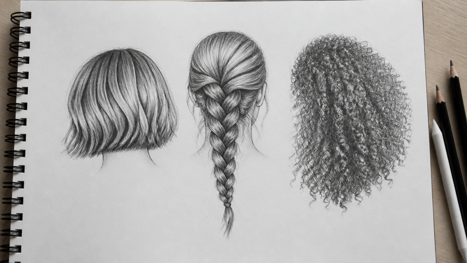 Open sketchbook page of graphite hair styles sketches showing a bob, a braid and coily hair in pencil