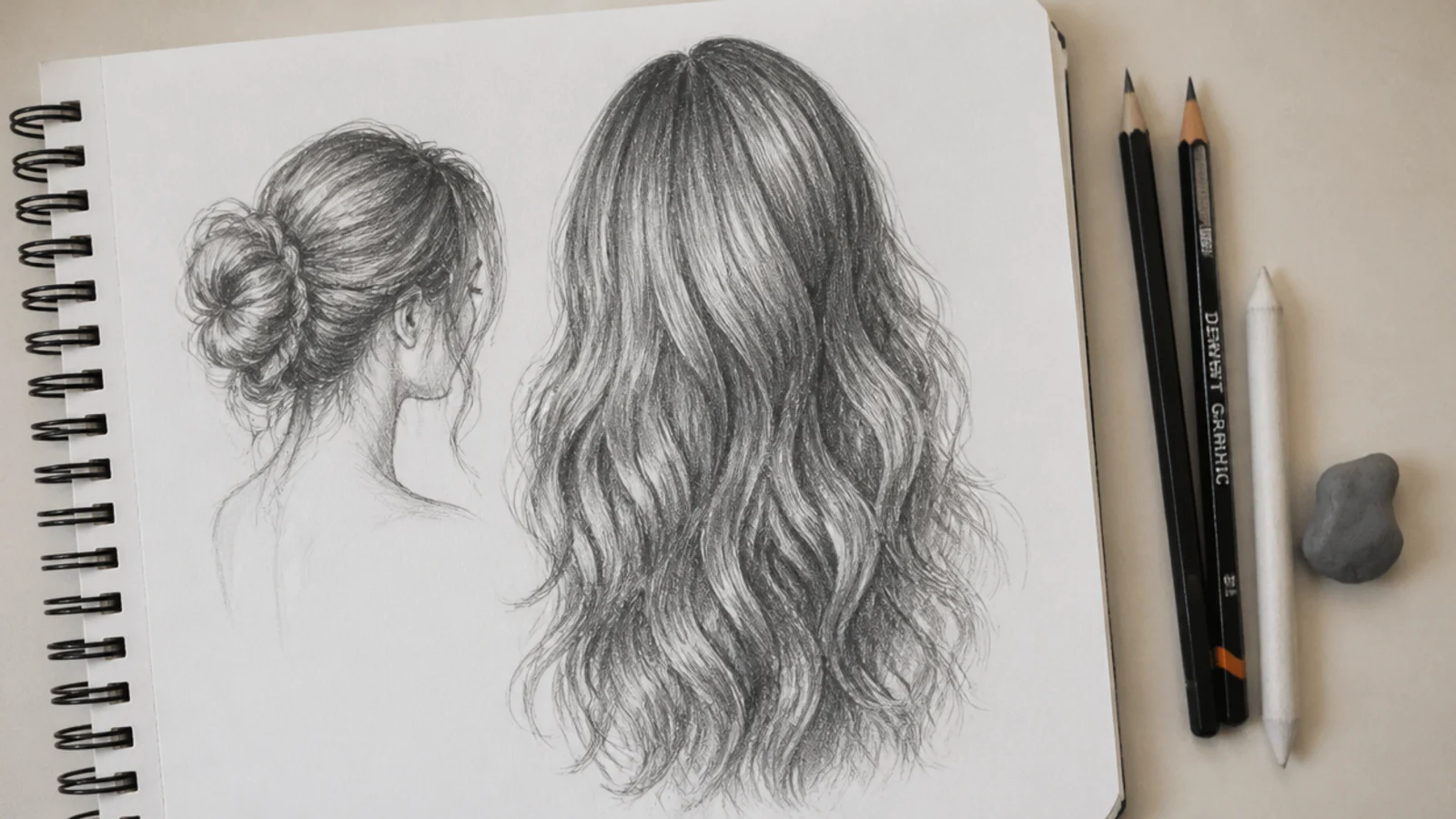 Flat lay of graphite pencils, kneaded eraser and blending stump beside an open hair sketchbook page