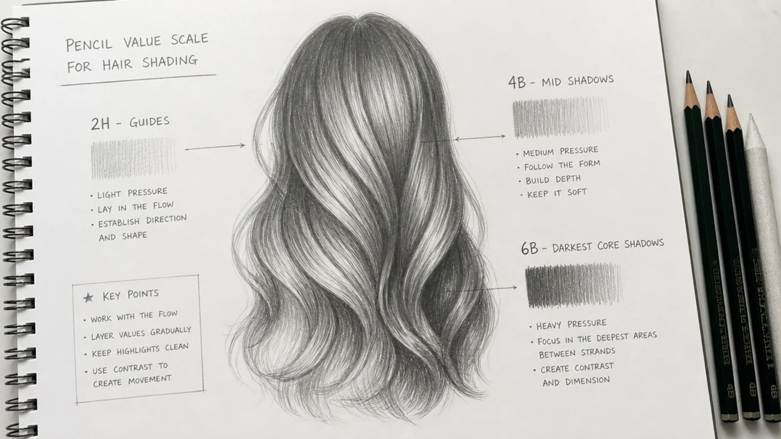 Pencil value scale for hair shading showing 2H guides, 4B mid shadows and 6B darkest core shadows