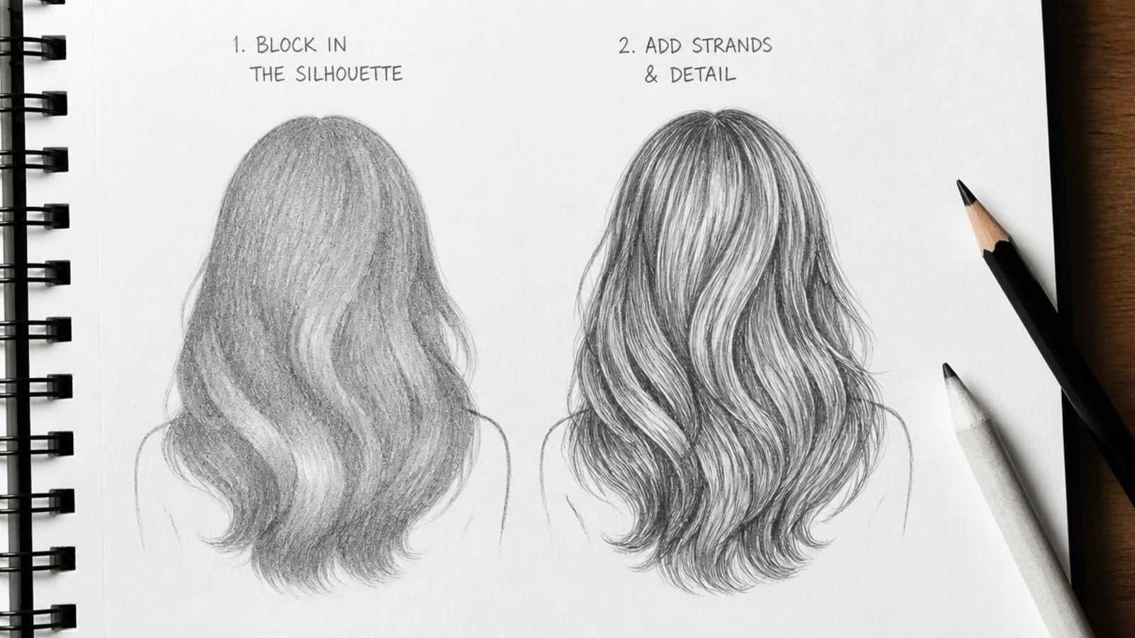 Two pencil hair sketches compared, one blocked as a silhouette first and one drawn strand by strand
