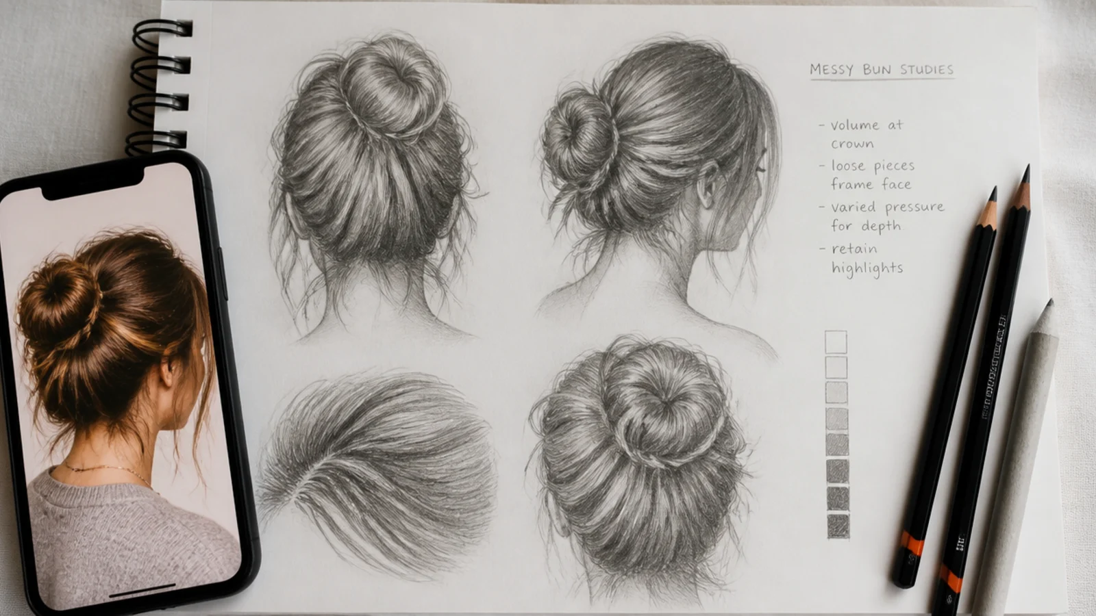 Sketchbook page of small hair studies drawn from reference beside a phone showing a hairstyle photo
