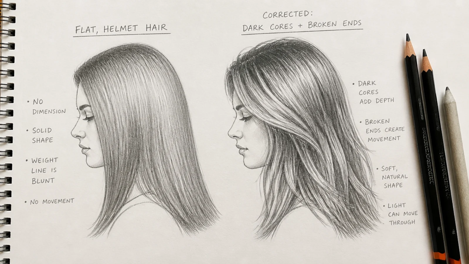 Side by side pencil sketch of flat helmet hair beside a corrected version with dark cores and broken ends