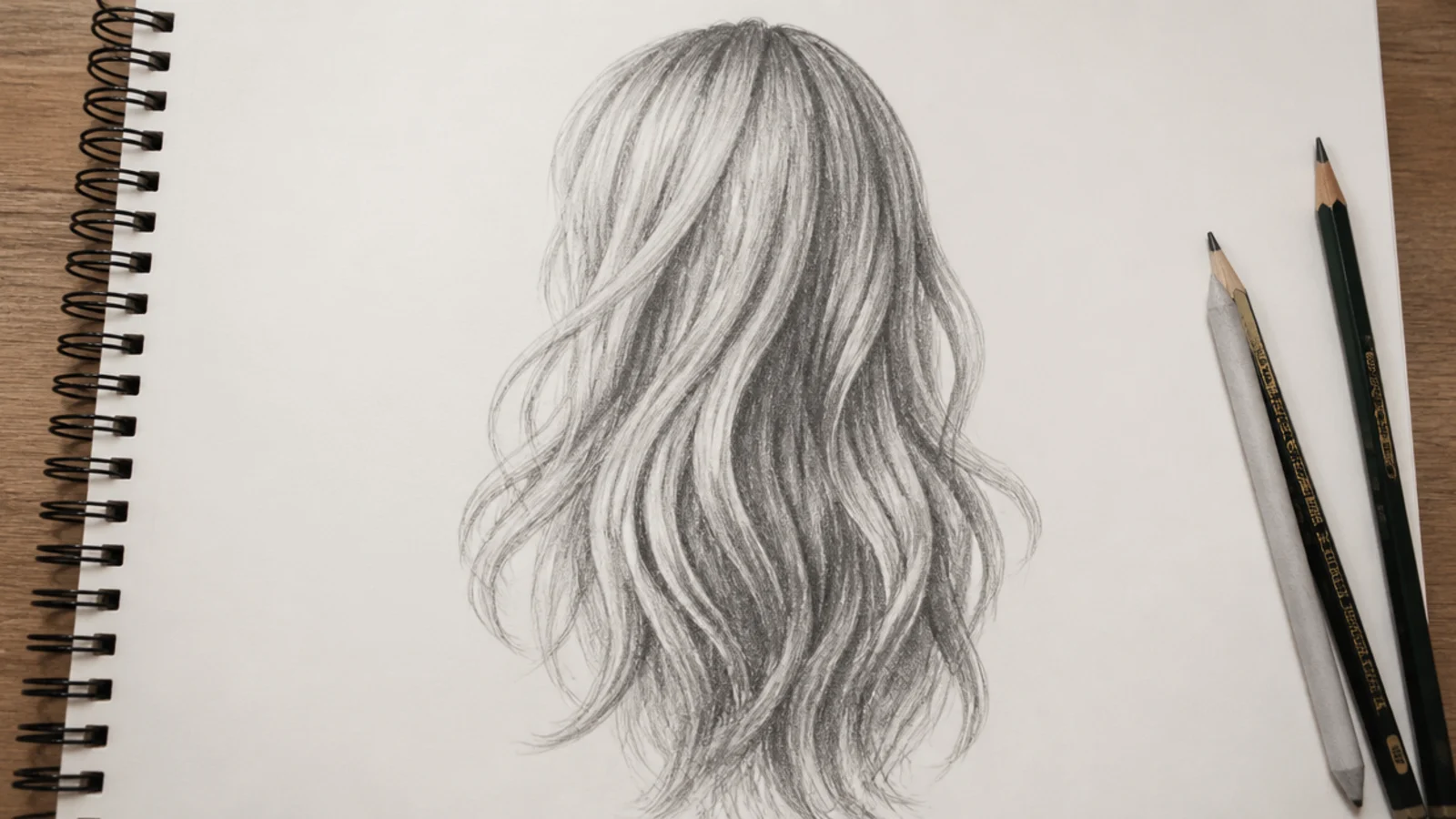 Graphite pencil sketch of long hair on paper showing blocked silhouette, flow lines and shaded dark cores