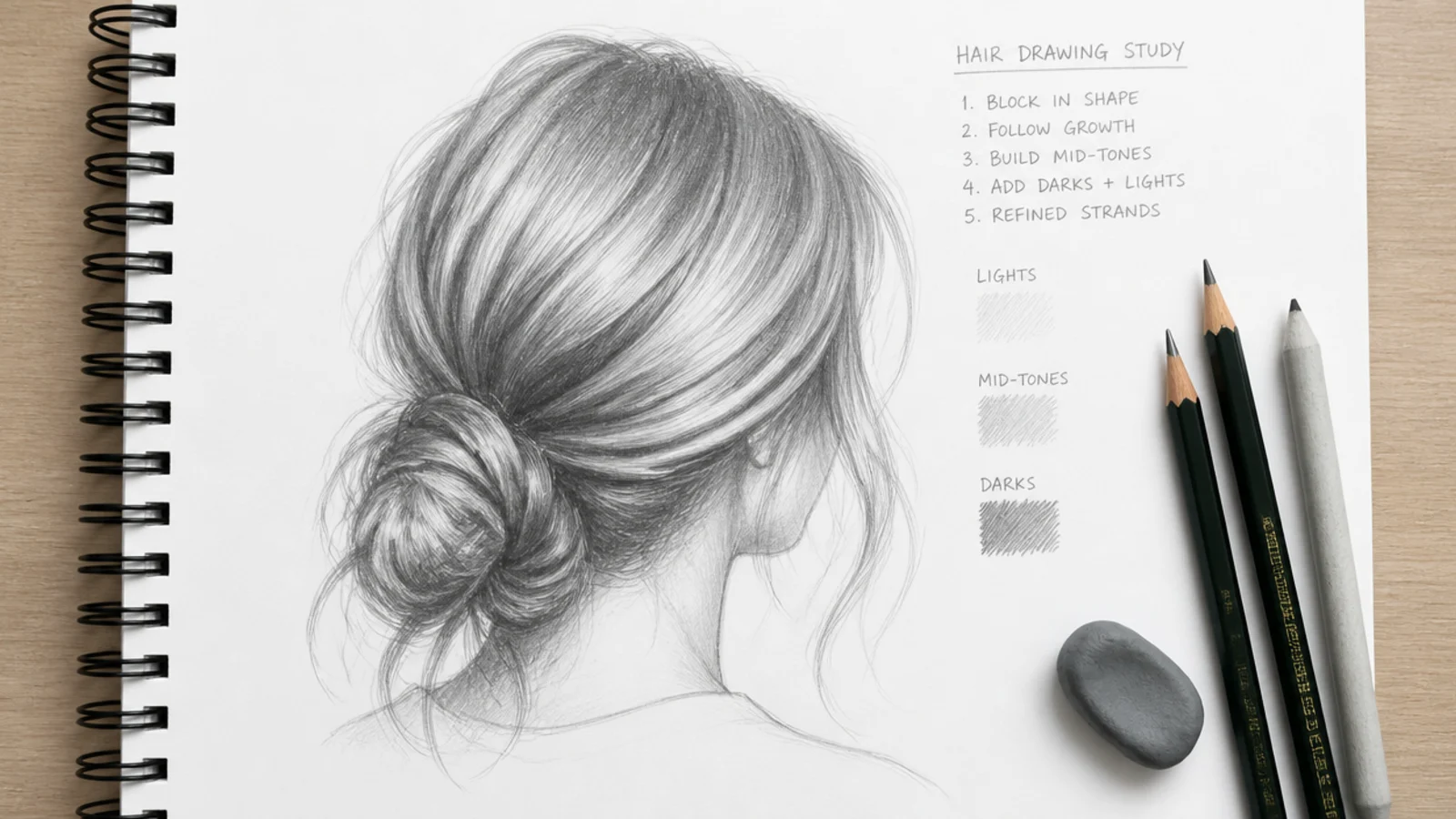 Graphite pencils, kneaded eraser, blending stump and smooth sketch paper laid out for hair drawing
