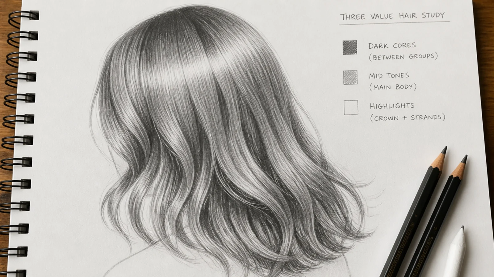 Graphite hair sketch shaded in three values with dark cores between groups and a bright crown band