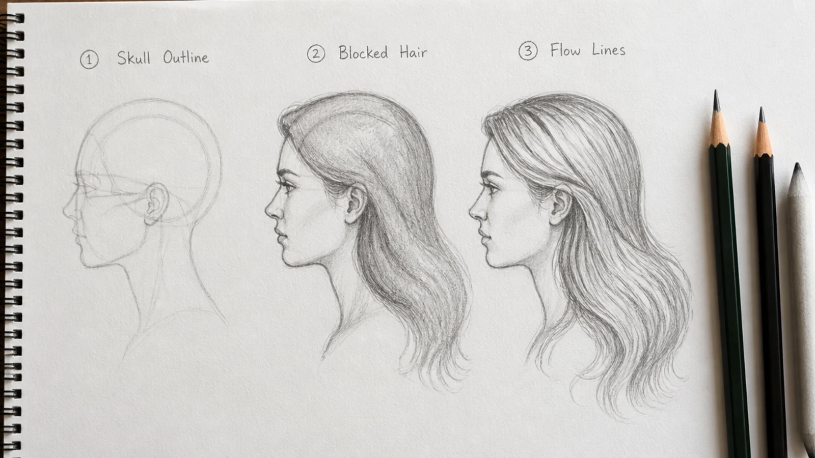 Three stage pencil progression from skull outline to blocked hair silhouette to flow lines on paper