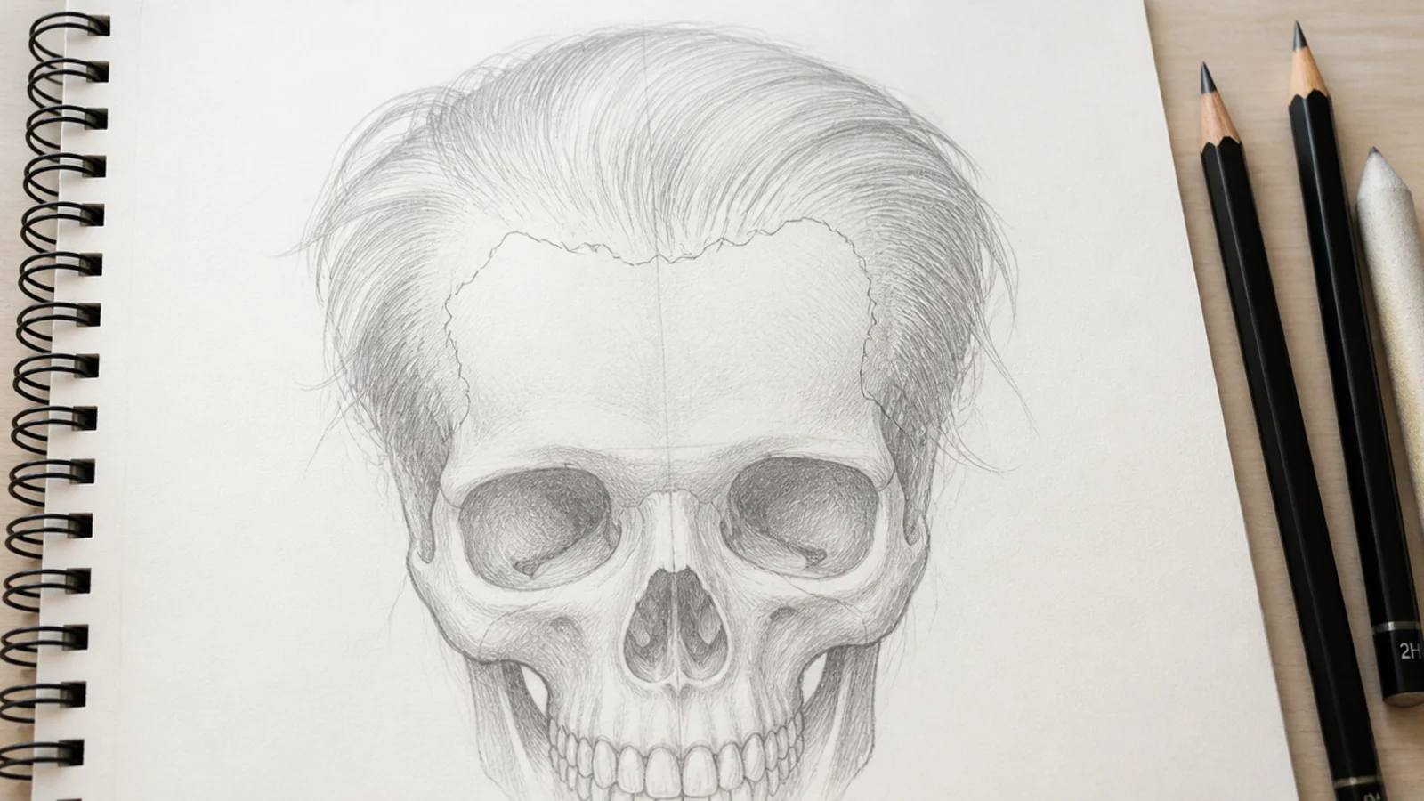 Pencil sketch of a skull shape on paper with an irregular hairline mapped in light 2H graphite