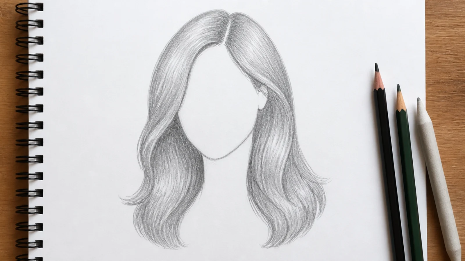 Pencil sketch showing hair blocked as one flat silhouette shape around a head outline on paper
